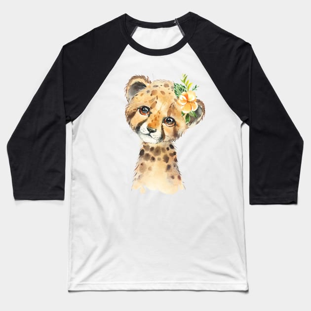 Adorable Cheetah with Flower Baseball T-Shirt by Krisb1371